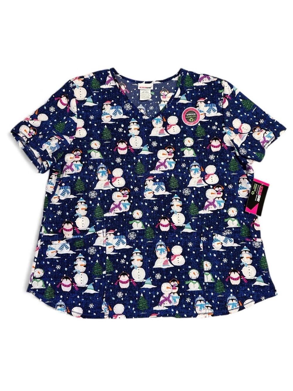 Scrubstar Womens Indigo Penguins & Snowmen Holiday Stretch Top Whimsical 2XL